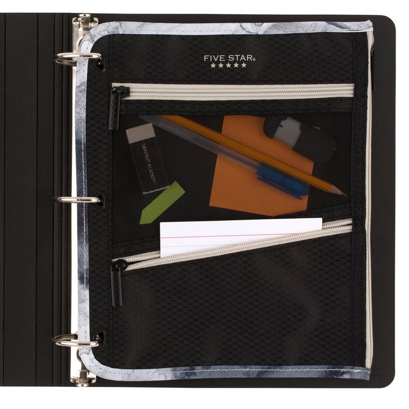 Five Star Pencil Pouch, Pen Case, Storage Organizer for Classroom Supplies Earbuds Chargers Cables Makeup, 3-Pocket, Fits 3 Ring Binder, Black/Grey (506420A-ECM) - Image 4